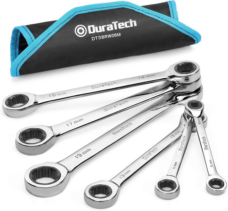 DURATECH Double Box End Ratcheting Wrench Set, Metric, 6-Piece, 8-19mm, CR-V Steel, with Rolling Pouch - Image 1